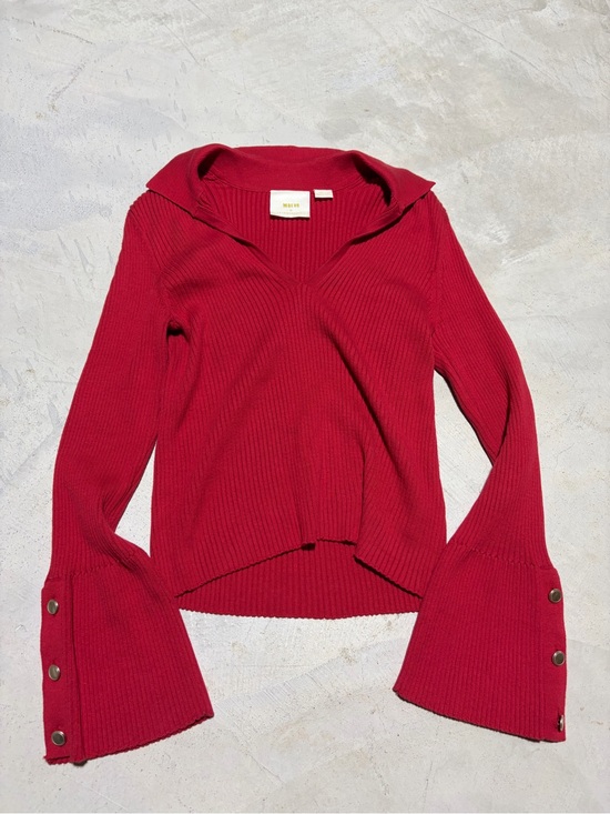 Anthropologie Sweaters - Anthropologie Maeve Red Ribbed V-Neck Bell Sleeve Sweater medium